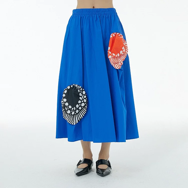 Fashion Blue Art Printed Three-dimensional decor Patchwork Mid-Calf Skirt