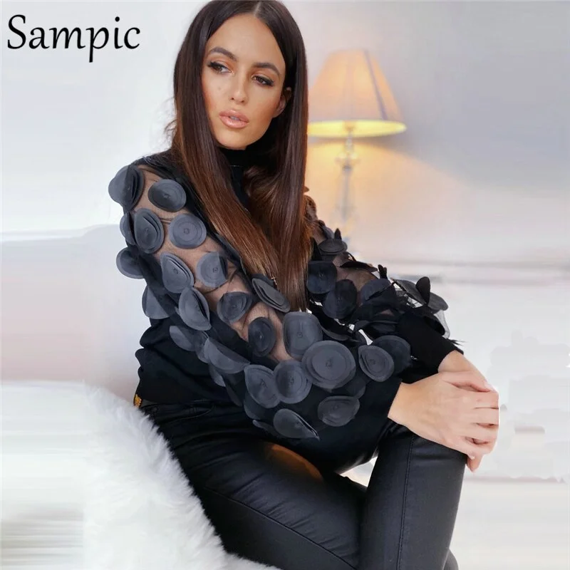 Sampic Mesh Patchwork Black White Vintage Puff Long Sleeve Blouse Shirts Women Casual Turtleneck Elegant Blouse Tops Fashion