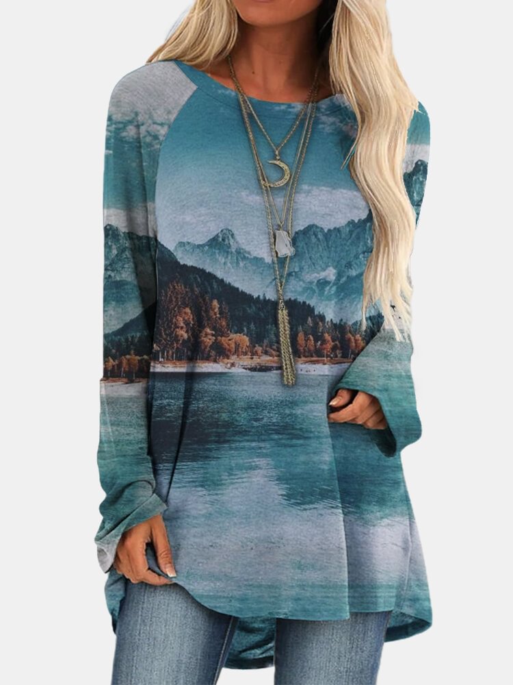 Landscape Printed Long Sleeve O neck Asymmetrical T shirt For Women P1743050