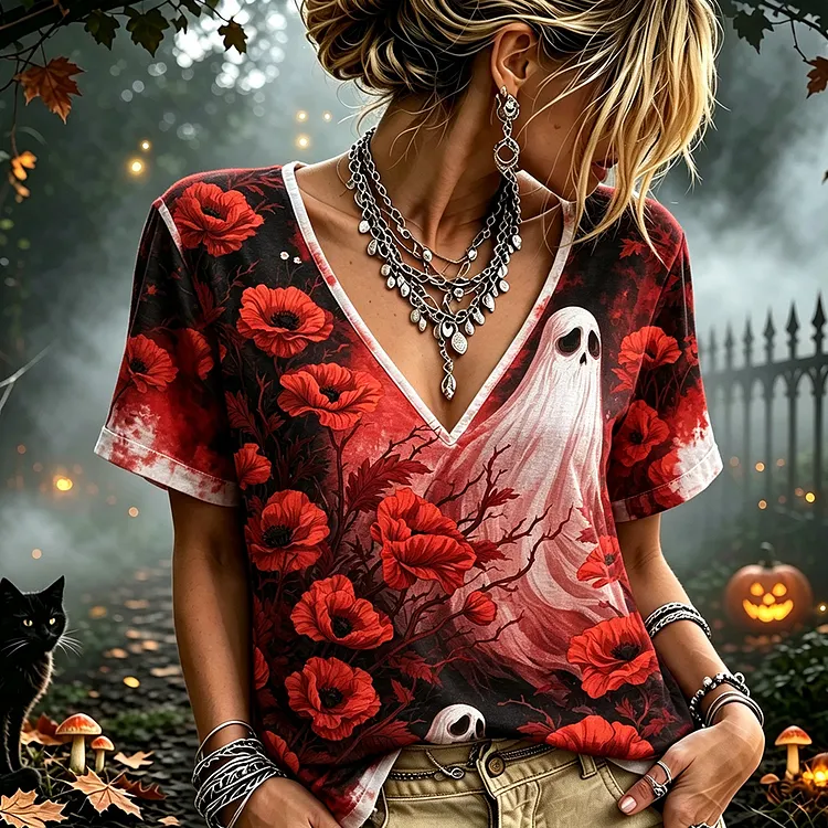 Women's V-neck Short-sleeve T-shirt With Red Poppies And Ghost Graphic Print