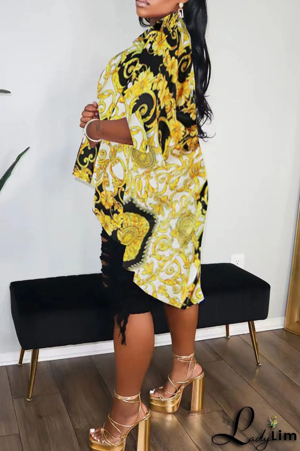 Black Casual Print Split Joint Buckle Turndown Collar Tops