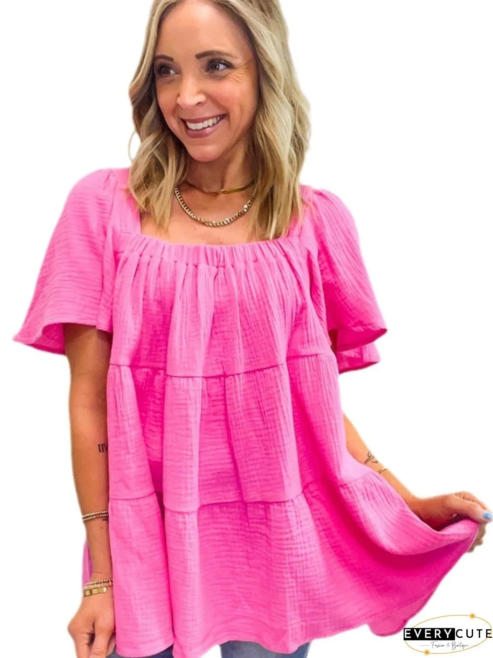 Bold Pink Ruched Square Neck Flutter Sleeve Cotton Blouse