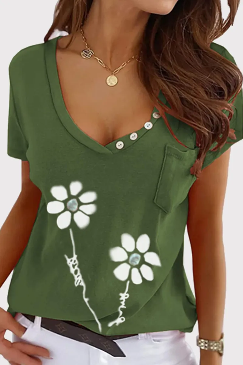 Casual Print Pocket Buckle V Neck T-Shirts(7 Colors)