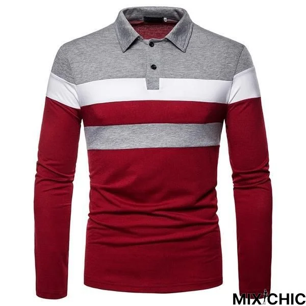 Fashion Men Lapel Long Sleeve Tri-Color Striped Stitching Shirts