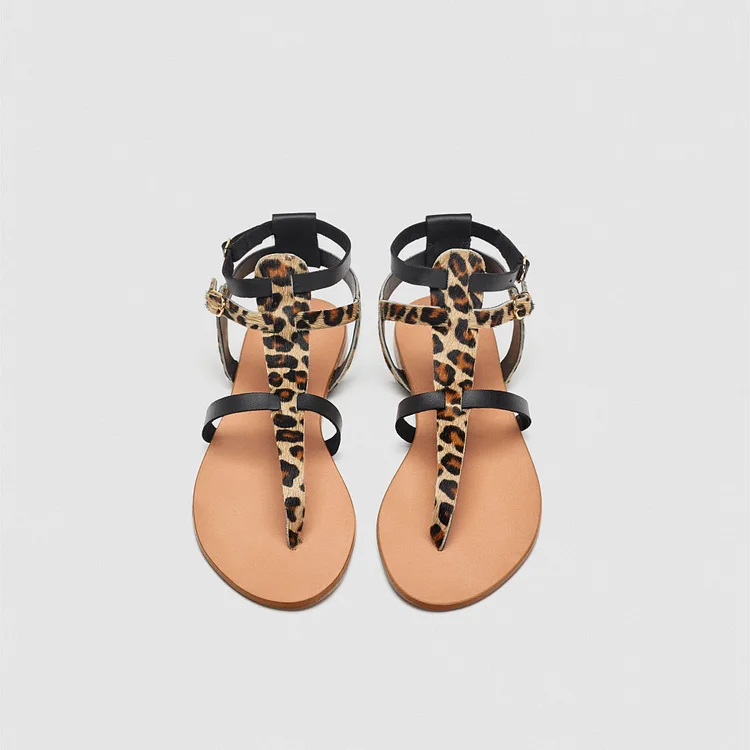 Black Horsehair Leopard Print Flats Slingback Comfortable Sandals |FSJ Shoes