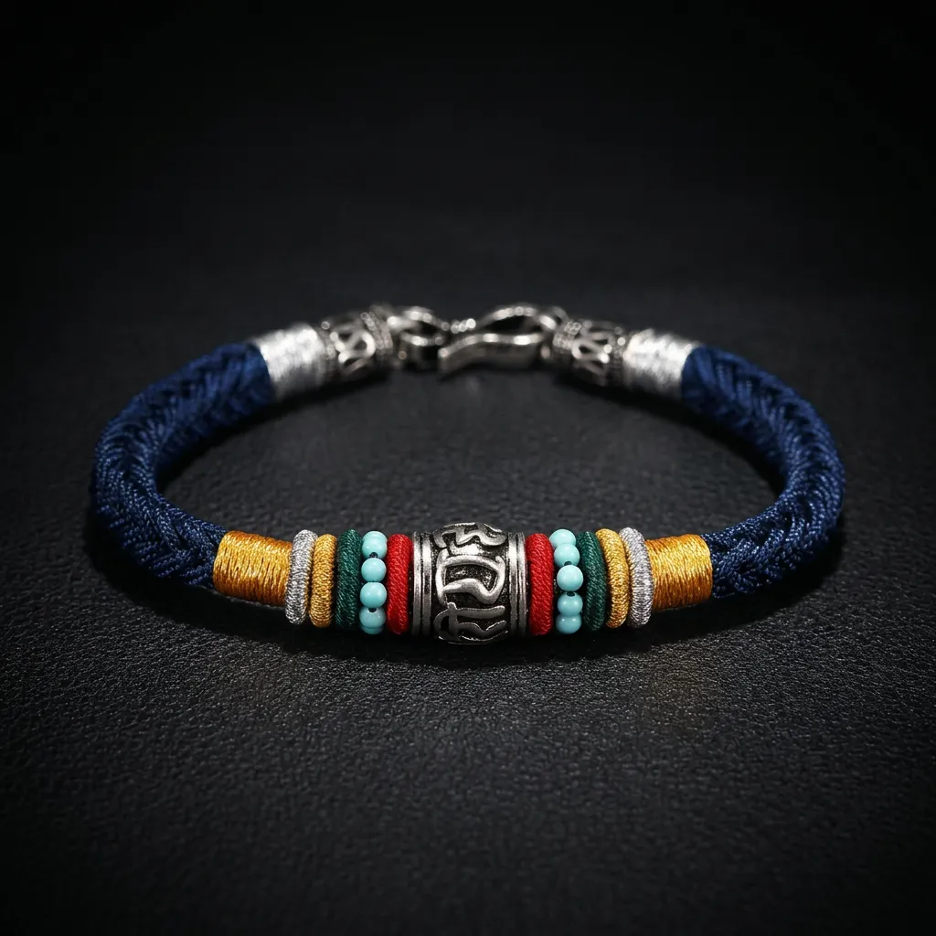 JiStones | Hand-Woven Six-Character Mantra Bracelet - S925 Sterling Silver & Sacred Silk Cord Deep Sea Blue