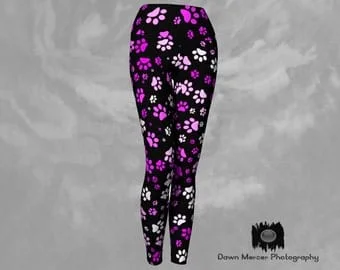 Pornhint Leggings Tights Yoga Pants, Paw Print Leggings Printed Hot Pink Dog Paw Print - Dawn Mercer Designer Wear