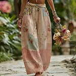 Women's Rose Floral Patchwork Casual Resort Linen Blend Pants - Image 2