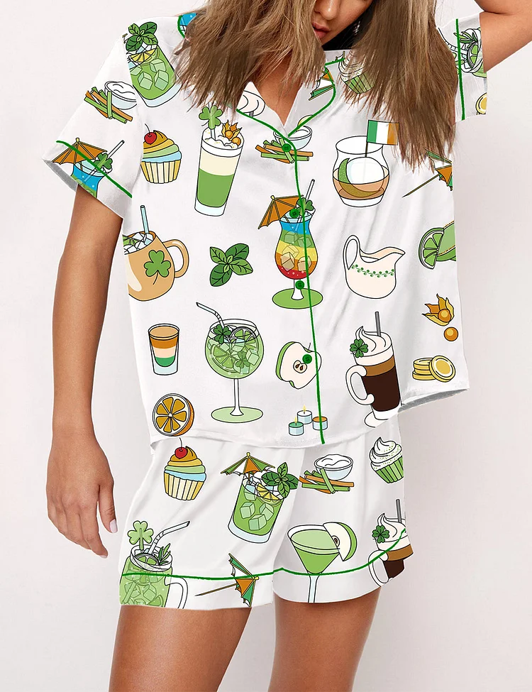 Women's Saint Patricks Day Special Green Cocktails Print Pajama Set