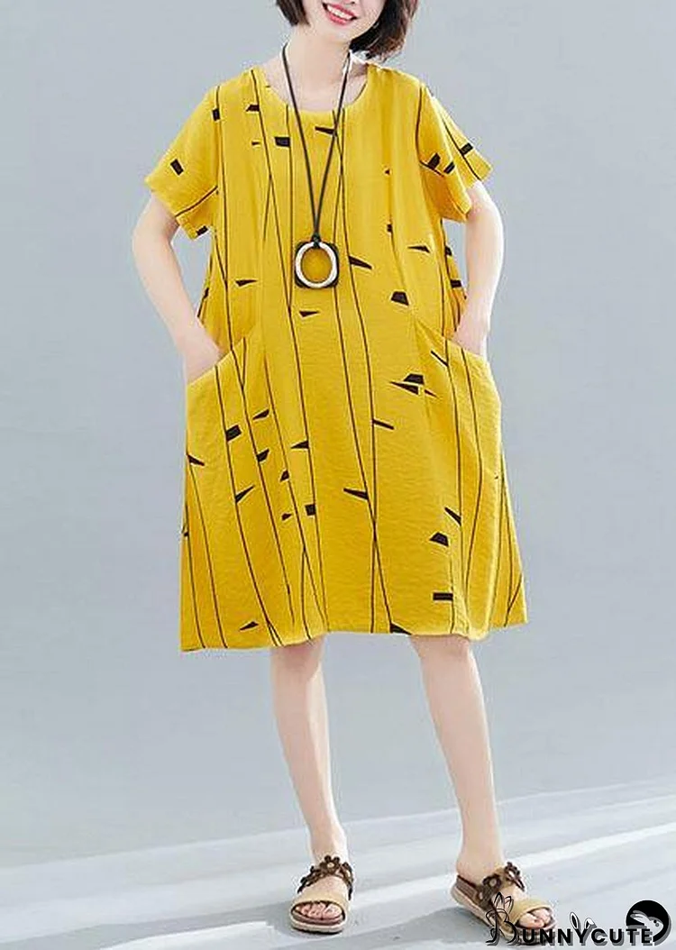 Women o neck pockets Cotton tunic dress Fabrics yellow print Dresses summer