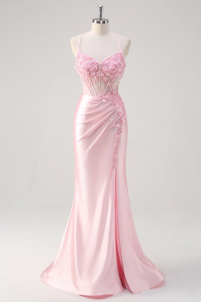 Ovlias Graceful Spaghetti Strap Pink Applique Draped Mermaid Prom Dress LY0622
