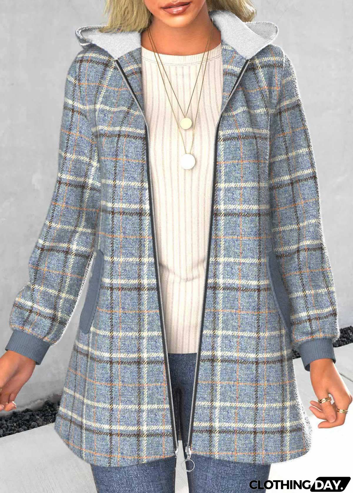 Plus Size Dusty Blue Zipper Plaid Long Sleeve Coat