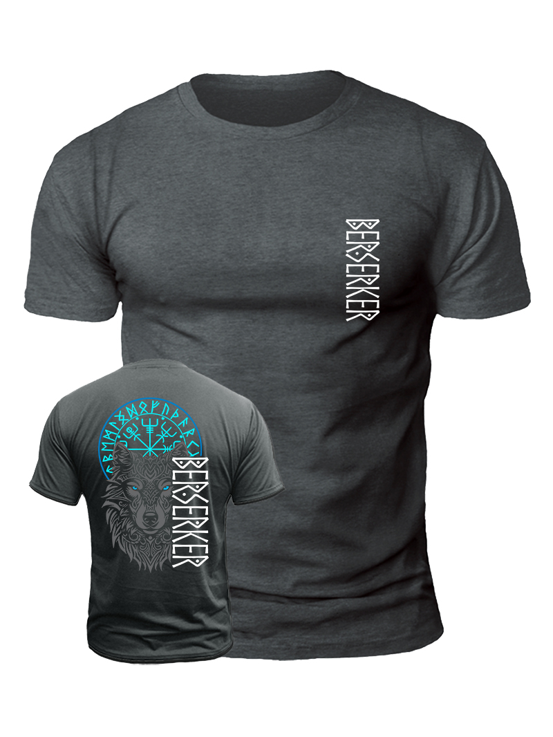 Men's Wolf Head Rune Berserker Print Casual Short Sleeve T-shirt