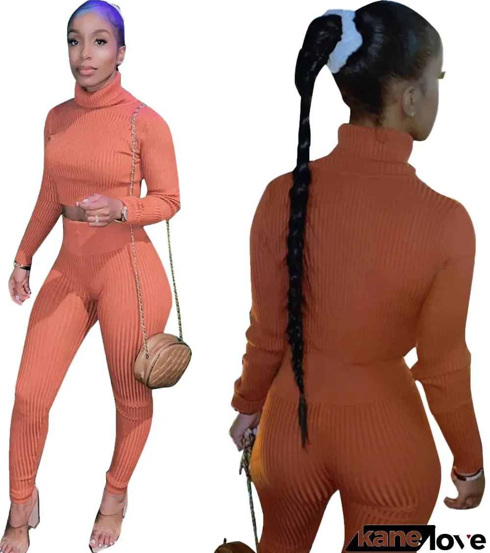 Winter Ribbed Tight Turtleneck Crop Top and Pants Matching Set