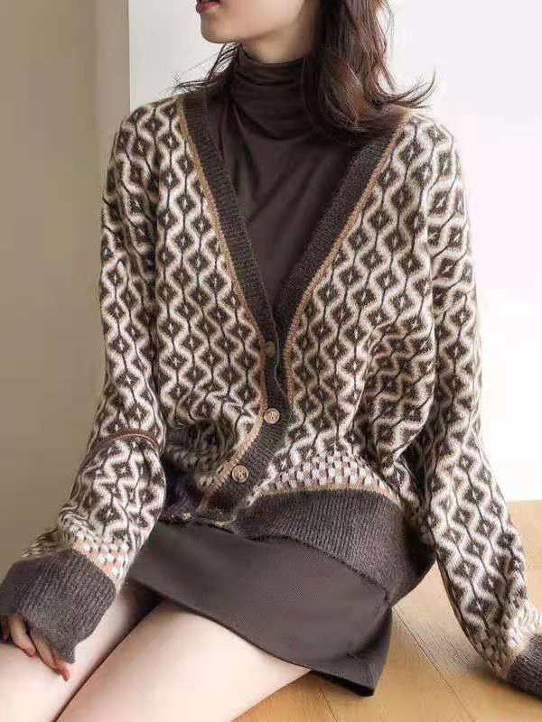 Vintage Loose Rhombic V-Neck Cardigan