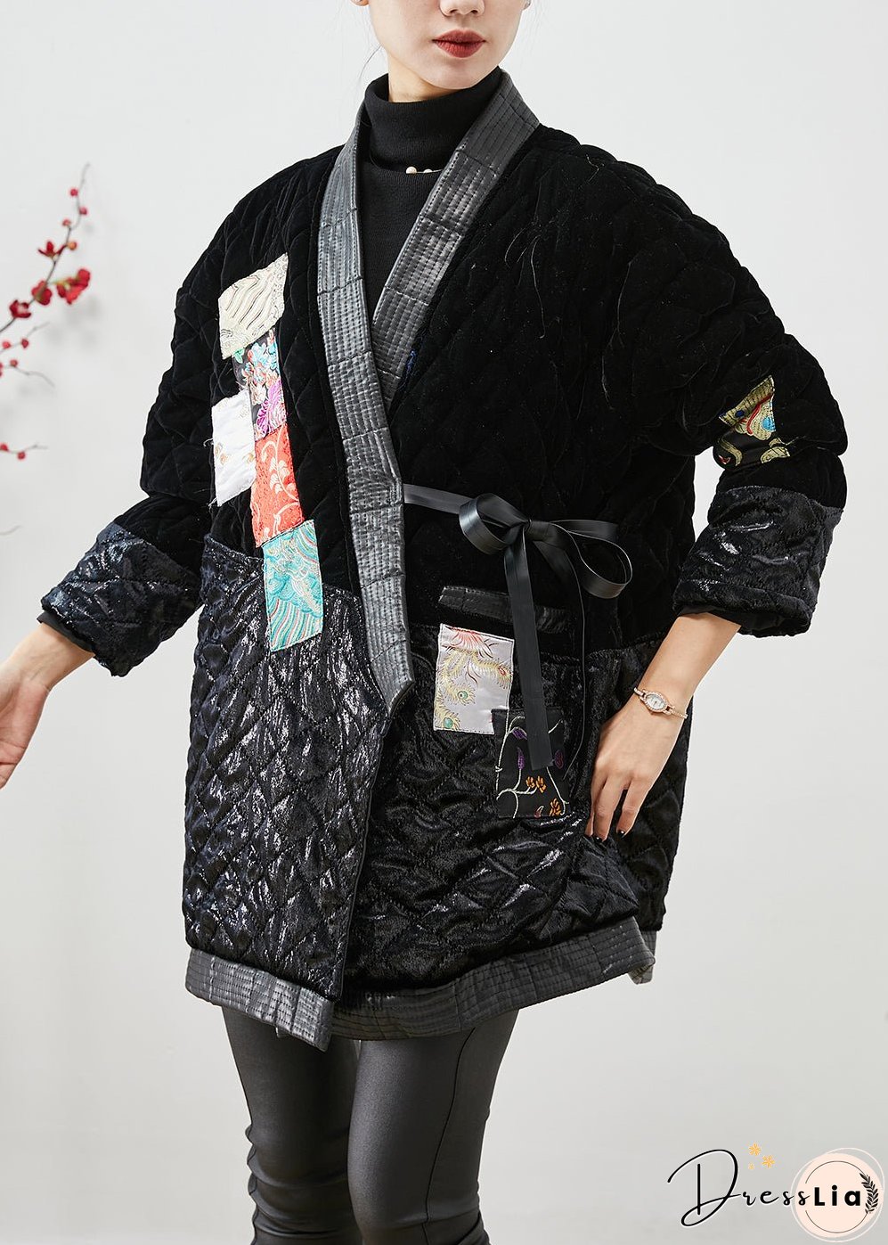 Modern Black Lace Up Patchwork Silk Velour Cotton Filled Coat Winter