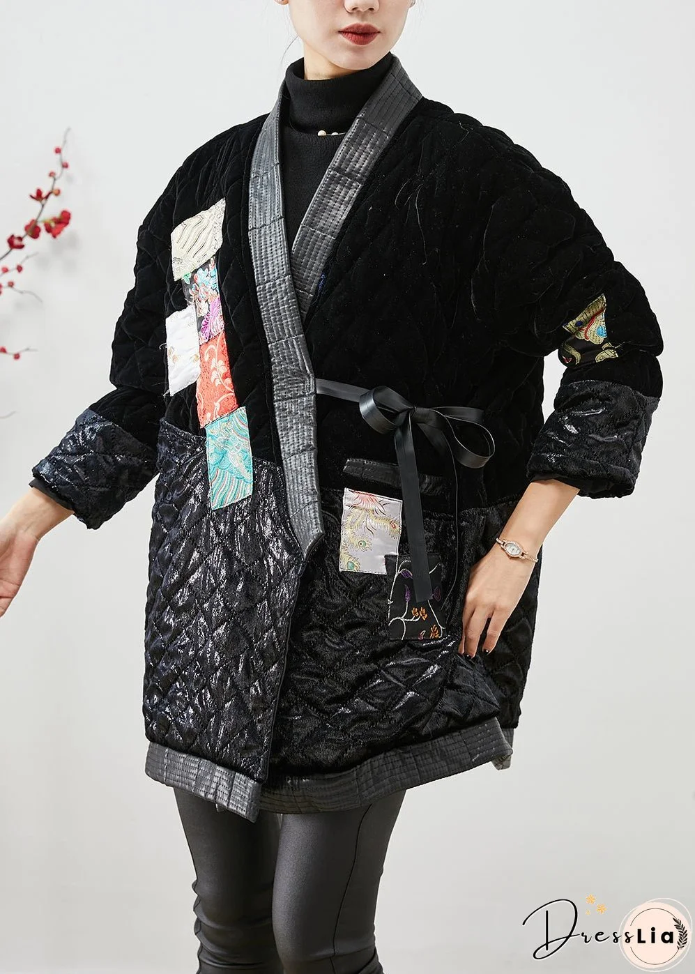 Modern Black Lace Up Patchwork Silk Velour Cotton Filled Coat Winter