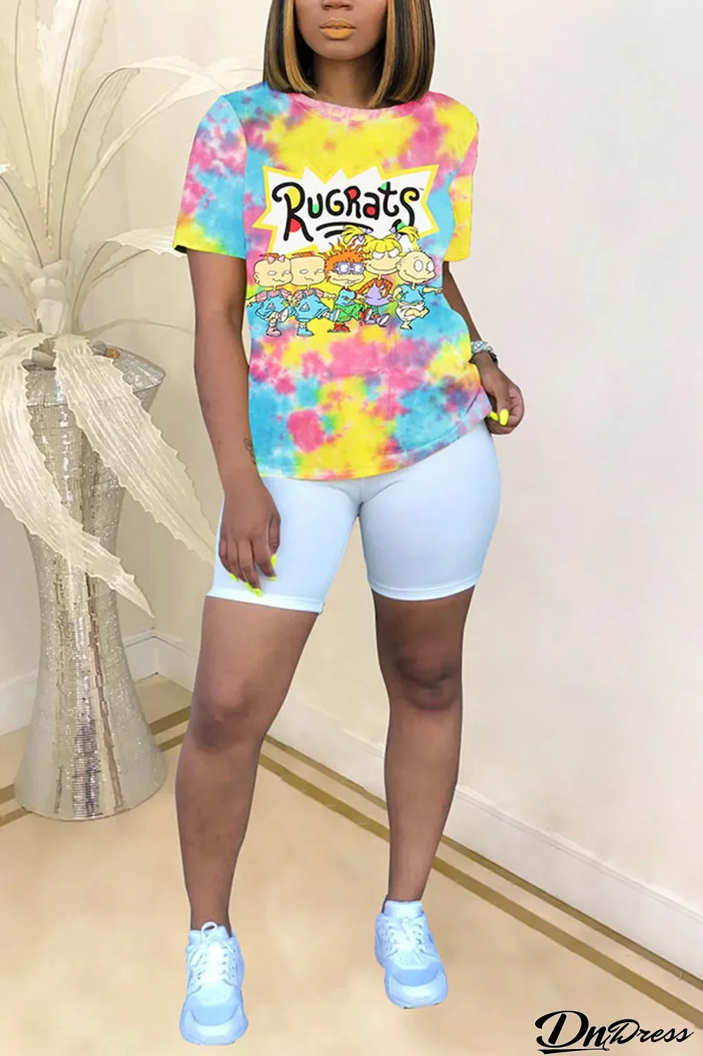Yellow White Blue Yellow purple colour Polyester O Neck Short Sleeve Patchwork Print Character Tops