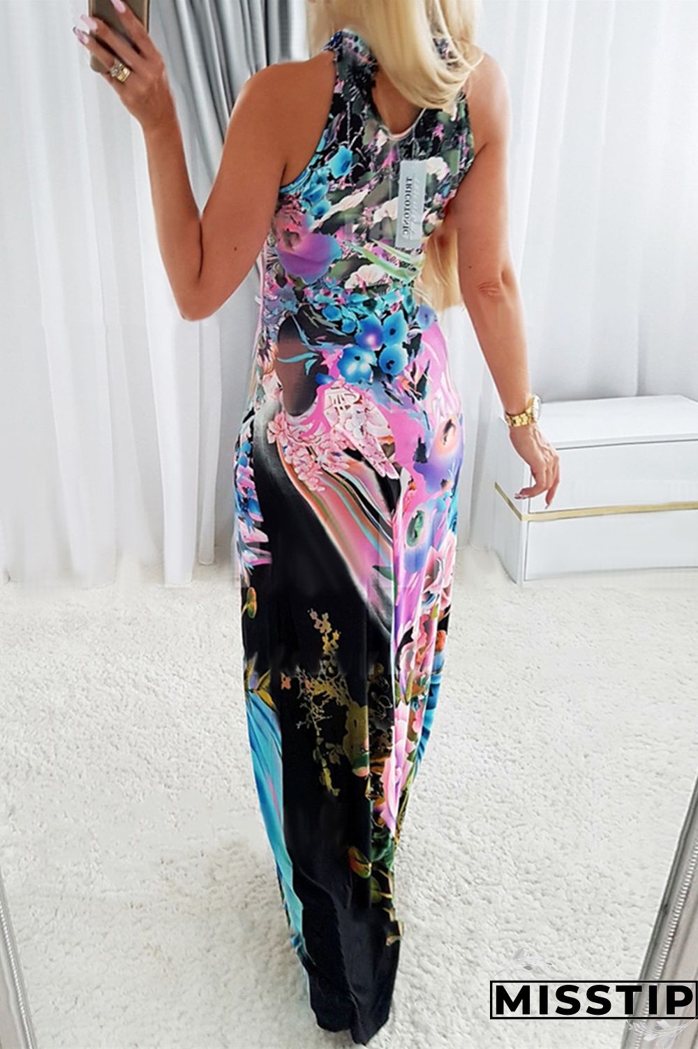 Black Fashion Casual Print Hollowed Out O Neck Sleeveless Dress (Without Belt)