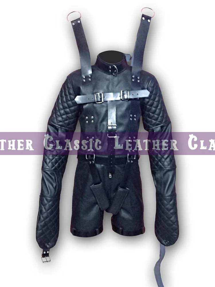 pornhint Pornhint Men's Premium Cowhide Leather Restraint Suit with Quilted Sleeves and Adjustable Straps | Mature bdsm outfit men