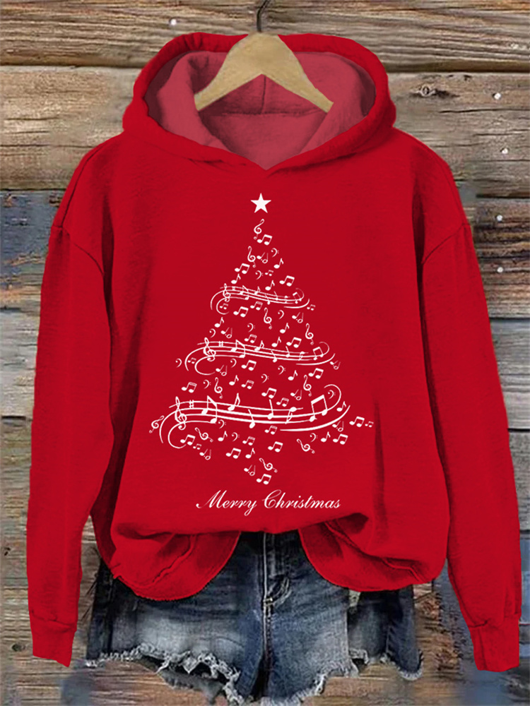 Merry Christmas Notes Christmas Tree Print Casual Cozy Hoodie wearshes