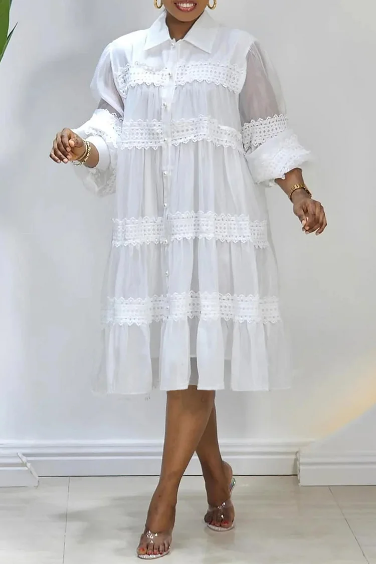 Plus Size Business Casual White Elegant Shirt Collar Lantern Sleeve Long Sleeve See Through Contrast Midi Dresses [Pre-Order] 2024 - Xpluswear