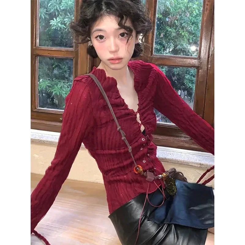Tlbang 90s Vintage Red Shirts for Women Harajuku V-neck Long Sleeve Blouse Korean Dongdaemun Slim Waist Tunic Top Y2K Youthful