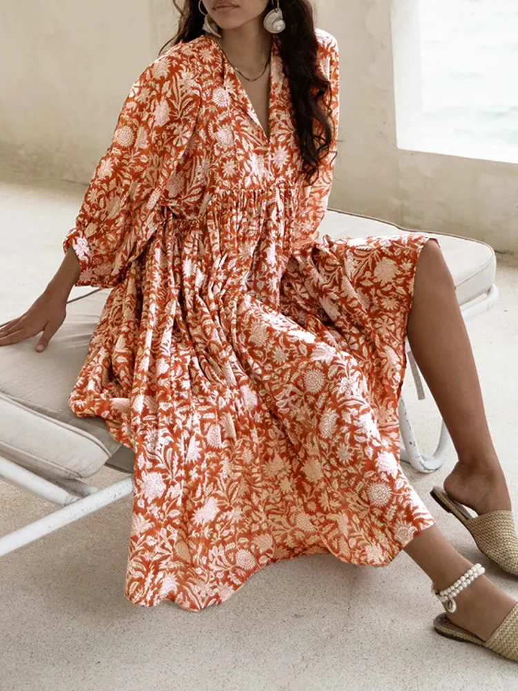 Boho Print V Neck 3/4 Sleeve Midi Dress