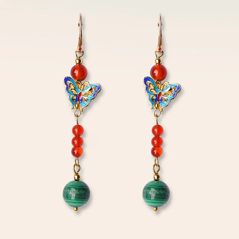 Malachite Bead Butterfly Protection Drop Earrings