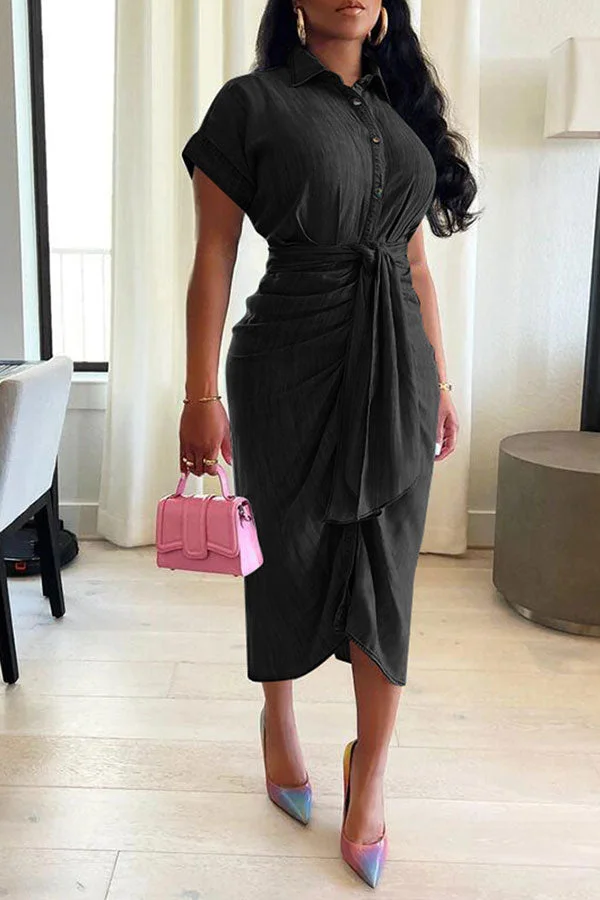 Solid Color Single Breasted On-trend Tie Front Ruched Denim Midi Dress