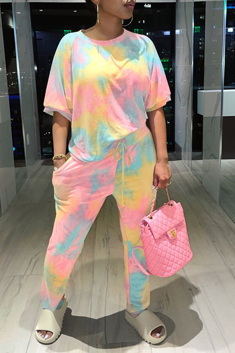 Pink Casual Patchwork Tie-dye O Neck Long Sleeve Two Pieces | EGEMISS