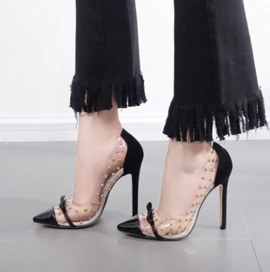 Vstacam  Women Sandals PU Slip On 11Cm Thin Heels High Heels Pointed Toe Rivet Women Shoes Sandalias Mujer 2022
