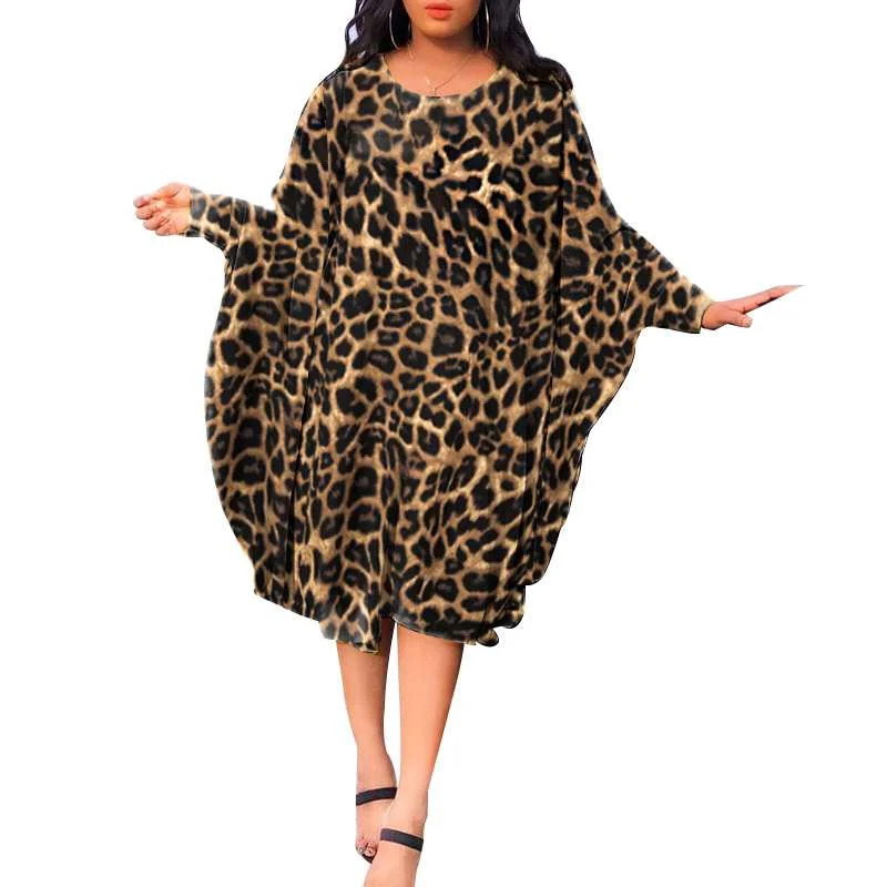 Leopard Print Dress Bohemian Women Midi Dress 2022 VONDA Casual Loose Long Sleeve Holiday Sundress Beach Vestidos Robe Femme