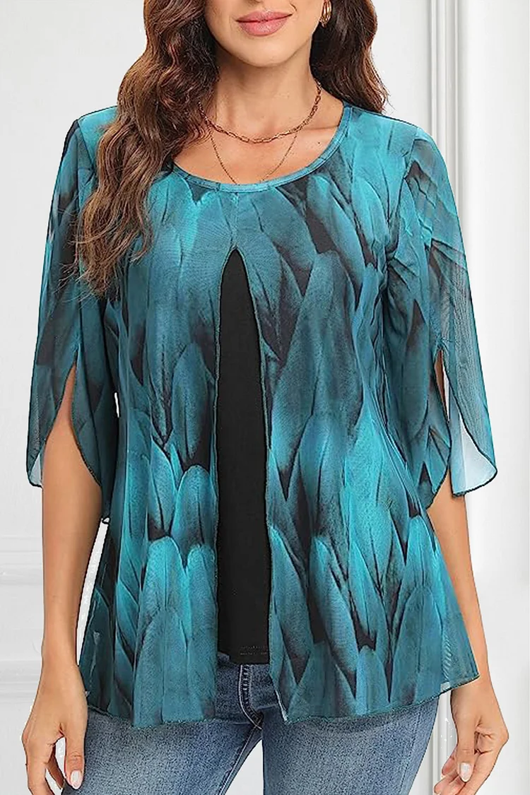 Flycurvy Plus Size Casual Turquoise Sheer Abstract Print Irregular Cuffs 2 in 1 Blouse  Flycurvy [product_label]