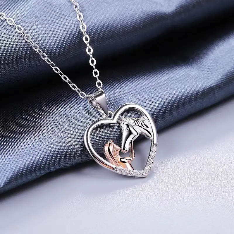 hollow with horse pendant necklace inlaid zircon silver plated cute design for women teen birthday holiday gift details 3