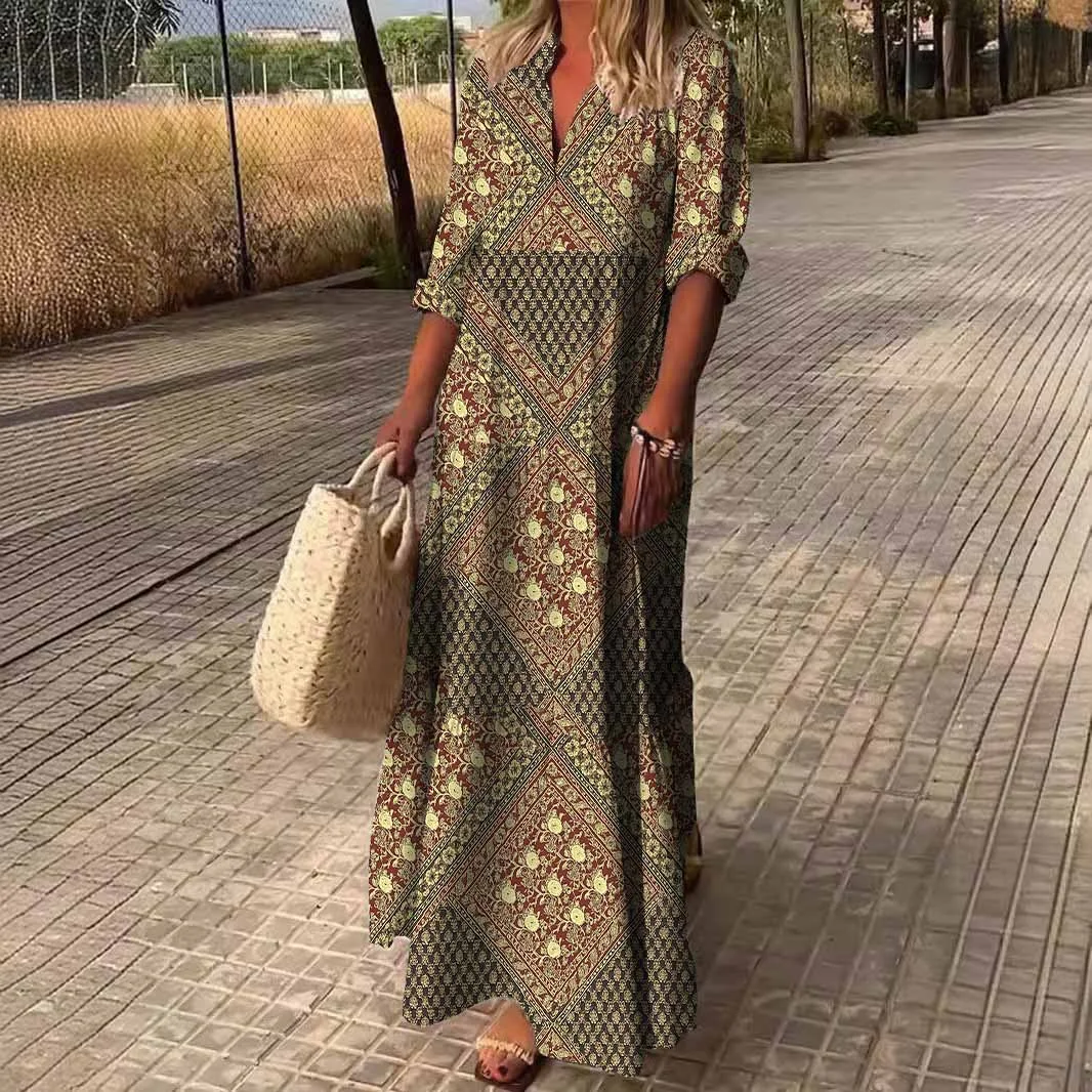 Women Bohemian, Brown, Gold DZDN0464 SPU Printed Long Sleeve V-neck Maxi Dress