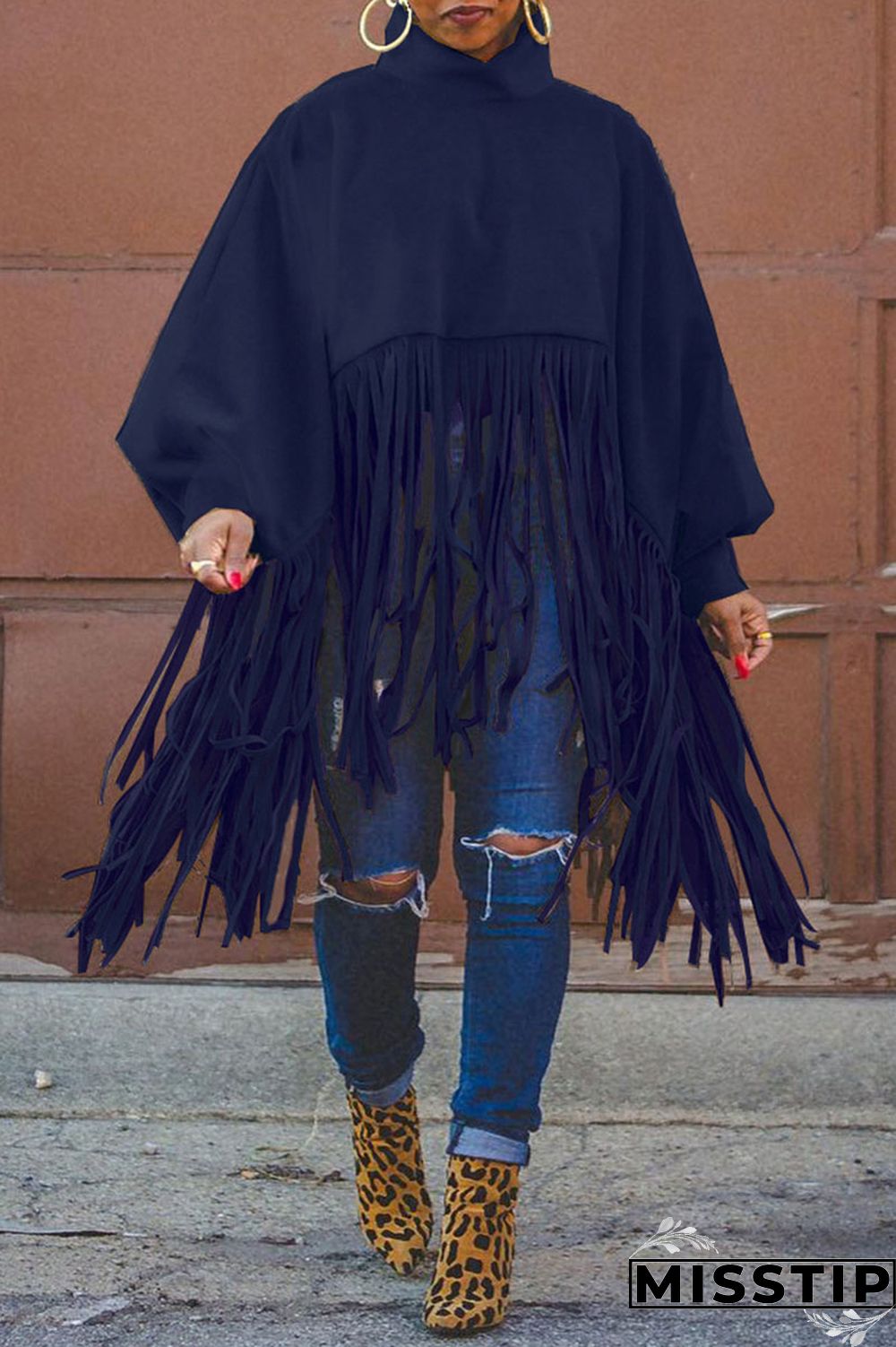 Burgundy Fashion Vintage Solid Tassel Turtleneck Plus Size Overcoat