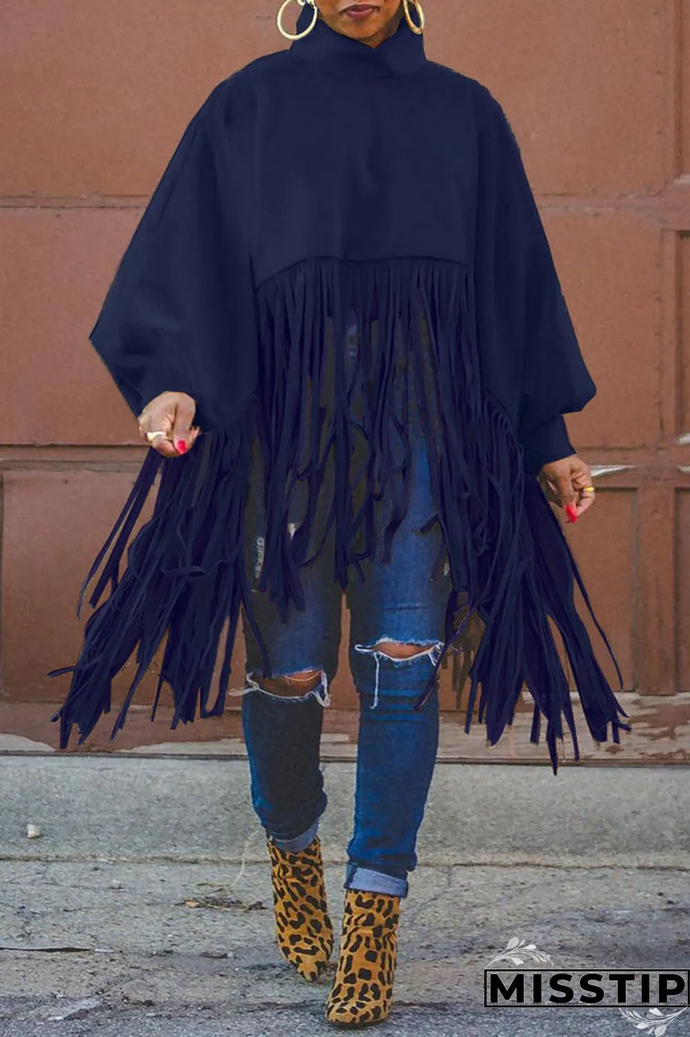 Burgundy Fashion Vintage Solid Tassel Turtleneck Plus Size Overcoat