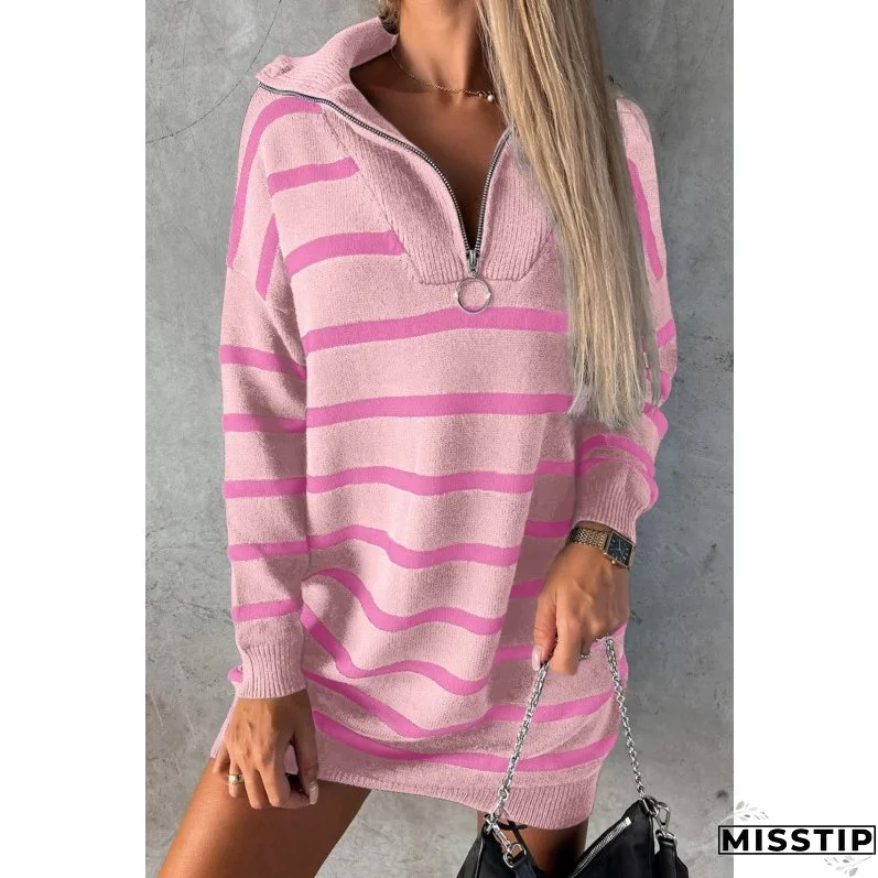 Women Autumn and Winter V-neck Long Sleeve Striped Loose Casual Knitting Sweater Dress