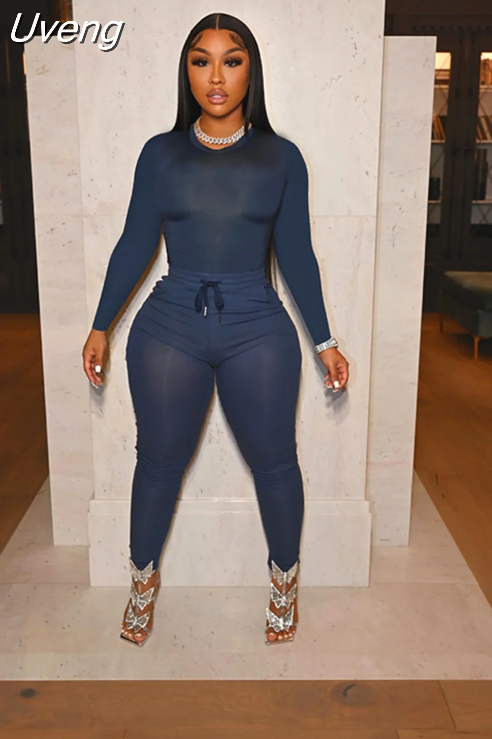 Uveng Fall Sport Solid Women's Set Long Sleeve T Shirt and Pants Suit Active Sweatsuit Tracksuit Two Piece Set Fitness Outfits