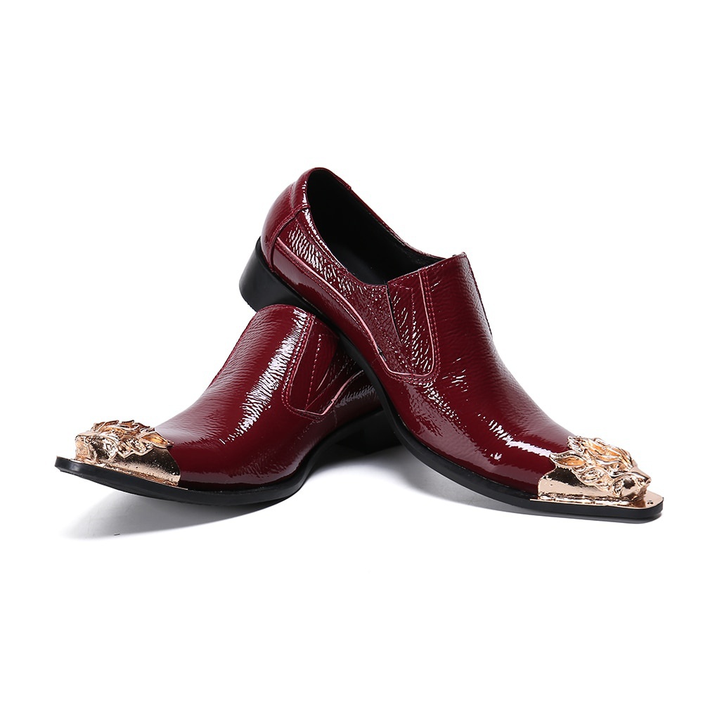 Red Leather Men Shoes Metal Pointed Toe Dress Shoes Men Dress Leather Shoes