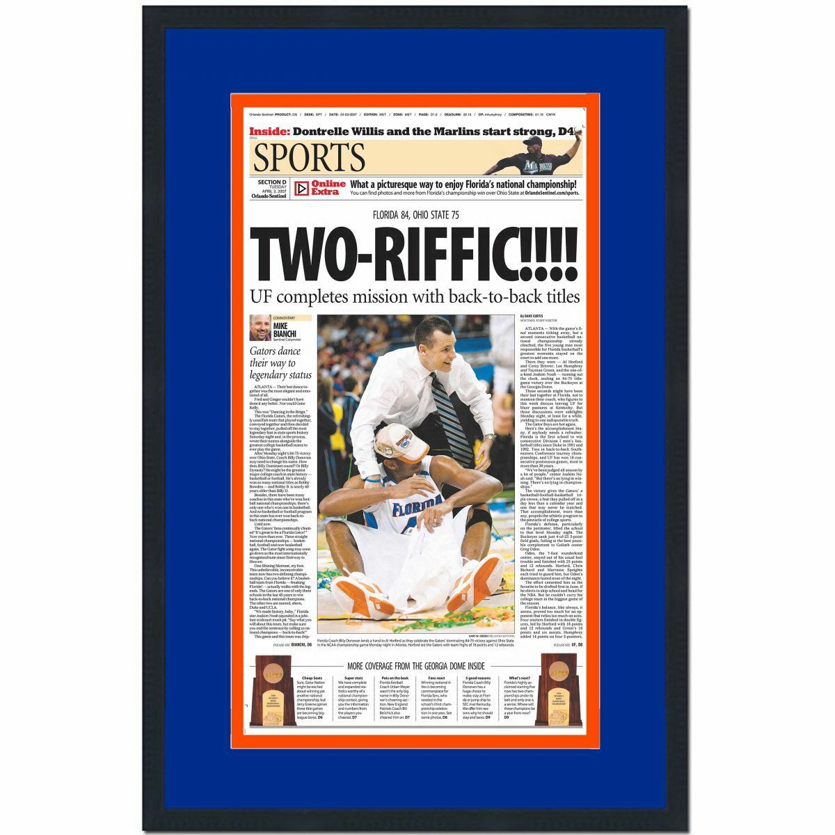 Framed Orlando Sentinel Two-Riffic Florida 2007 Champions Newspaper 17x27 Photo Poster painting