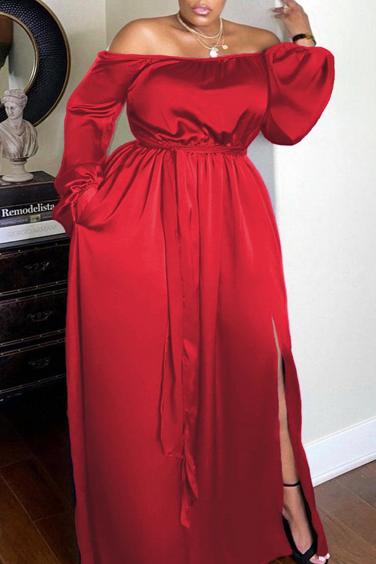 Xpluswear Plus Size Formal Red Off Shoulder Split Joint Bandage Solid With Pockets Maxi Dress