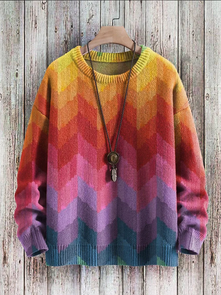 Rainbow Gradient Art Pattern Print Casual Knit Pullover Sweatshirt