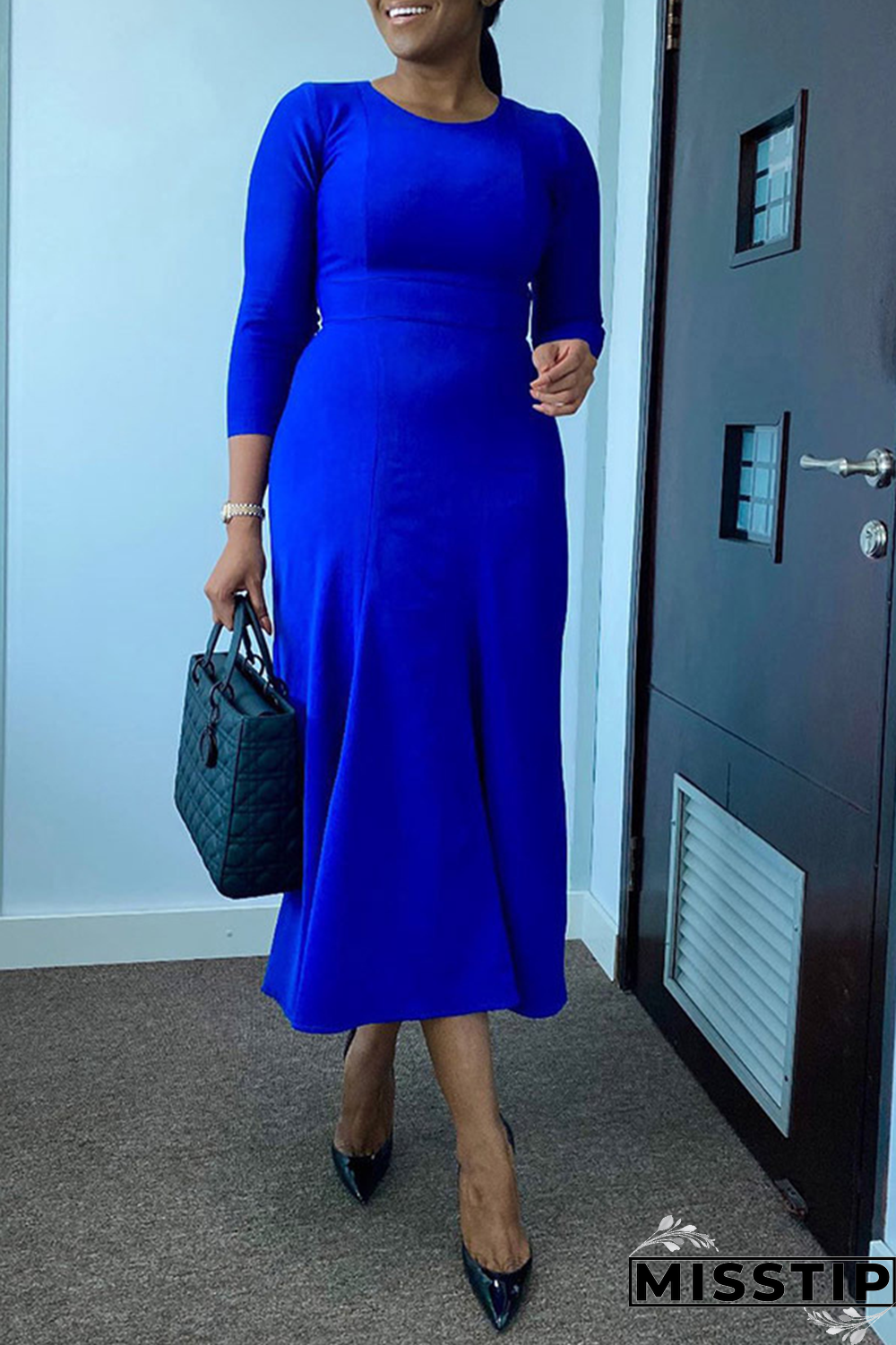 Black Casual Solid Patchwork O Neck Trumpet Mermaid Dresses