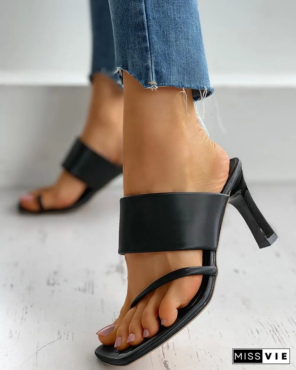 Square Toe Post Heel Mule Sandals
