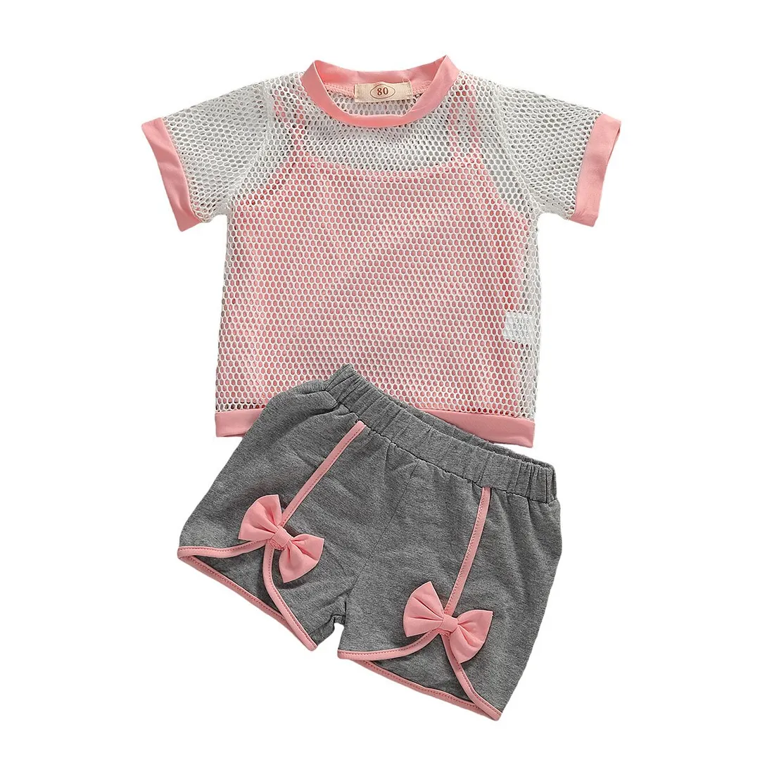 3Pcs Casual Toddler Kid Baby Girl Clothes Hollow Top Crop Vest Shorts Summer Outfits Sets 1-6 Years