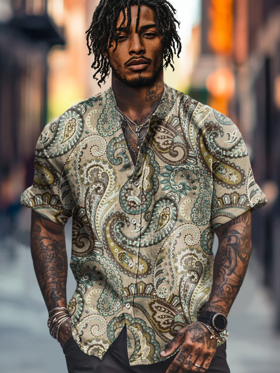 Vintage Ethnic Paisley Floral Art Print Casual 100% Cotton Shirt