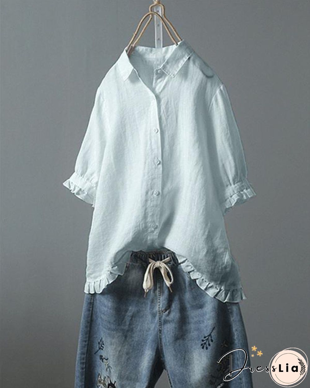 Lace Button Turn Down Collar Solid Color Shirt