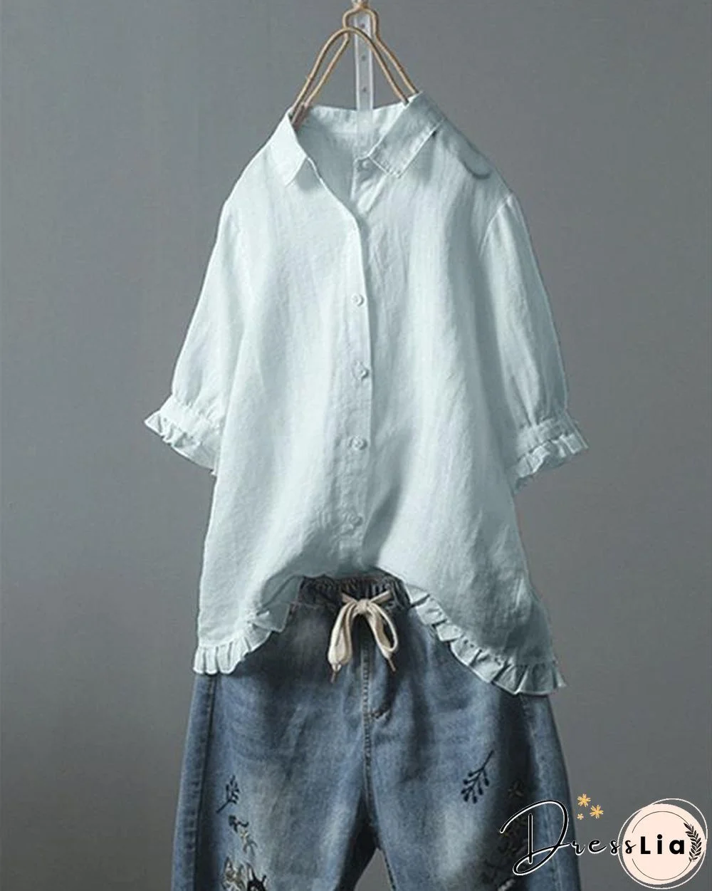 Lace Button Turn Down Collar Solid Color Shirt